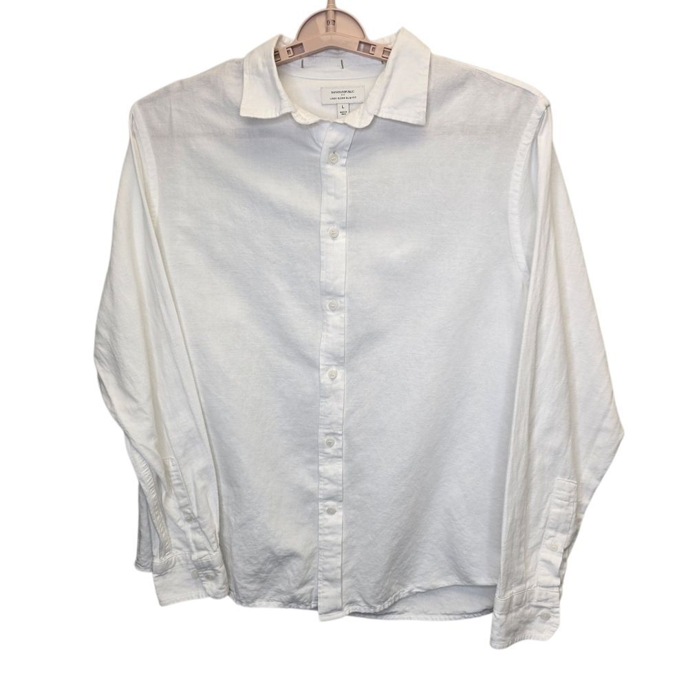 Banana Republic Men's L Linen Blend Slim Fit White Button-Down Long Sleeve Shirt